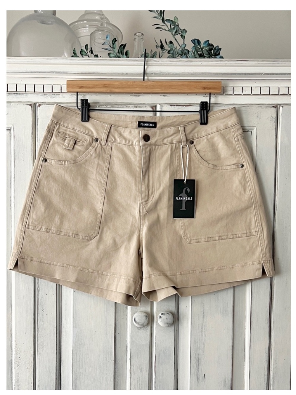 NWT FLAMINGALS High-Rise Cargo Utility Shorts in Khaki XL
